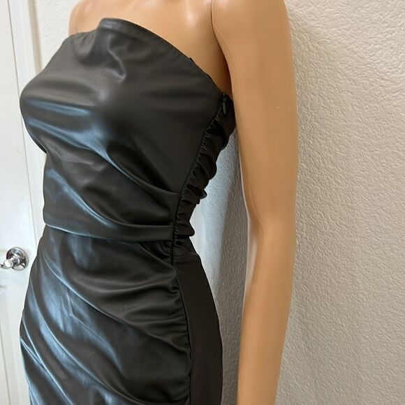 Zara Dress Small Green Leather Effect Strapless Bandeau Ruched Bodycon Tube Top - Picture 4 of 14